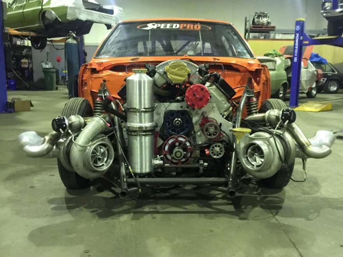 Under the bright orange cloak, sits the powerful BBF with it's twin Precision turbochargers.