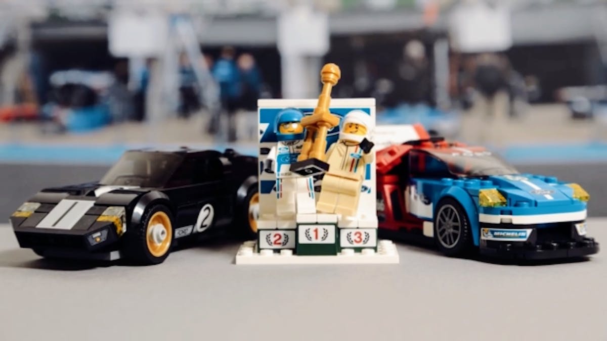 The new LEGO Speed Champions set includes the ’66 and ’16 Ford GTs plus racing driver minifigures, a checkered flag and even a trophy.
