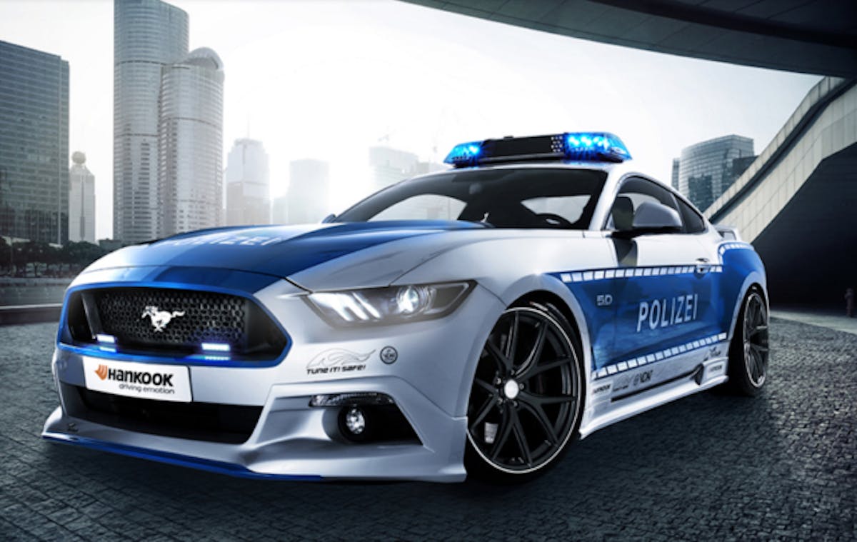 Built by Wolf Racing for TUNE! IT! SAFE!—a SEMA-style initiative in Europe—this 2017 Mustang GT features police SECURLUX security decals by FOLIATEC and lighting from Hella.