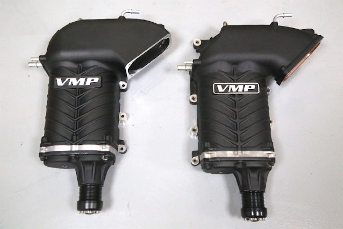 These are two powerhouse siblings. The VMP Gen2R TVS (right) and its Gen2 cousin are both effective ways to boost your Ford. The Gen2R blower is available on its own for $3,299 for either GT500 or Coyote applications, which includes your choice of pulley plus the necessary hardware and a one-year warranty. If you need a complete supercharger it will run you $4,499 to $8,499 depending on the application.