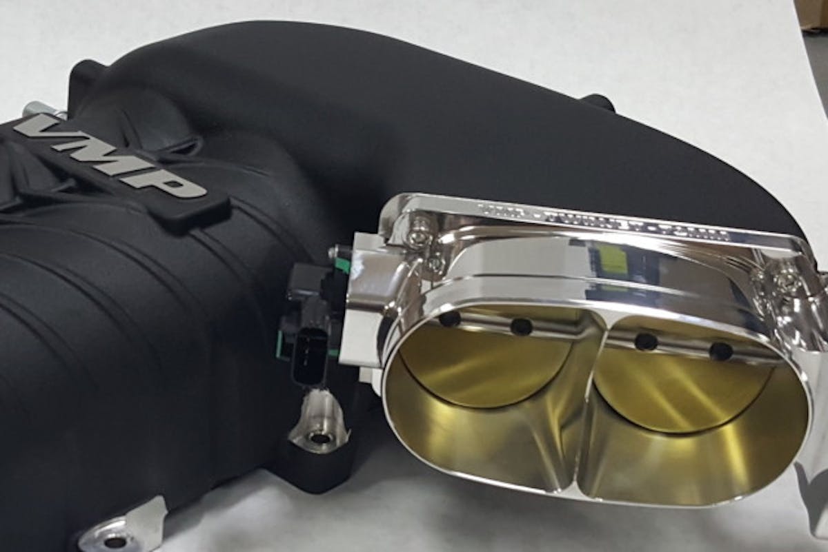 To properly feed the free-flowing Gen2R supercharger, VMP installed one of its new VMP TwinJet 72mm throttle bodies (PN VMP72TWINJET; $649). These units are fully polished and loaded with electronics, so they are ready to bolt right on. Depending on your application, VMP says the dual 72mm unit is good for gains from 25 to 60 rear wheel horsepower.