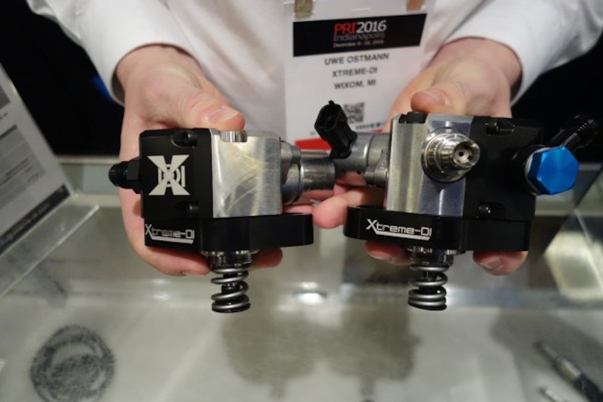 Here’s a comparison of the smaller (left) and bigger high-pressure direct injection pumps from Xtreme DI. Both offer flexible mountings and screw-in inlet fittings to allow adaptation to a variety of applications.