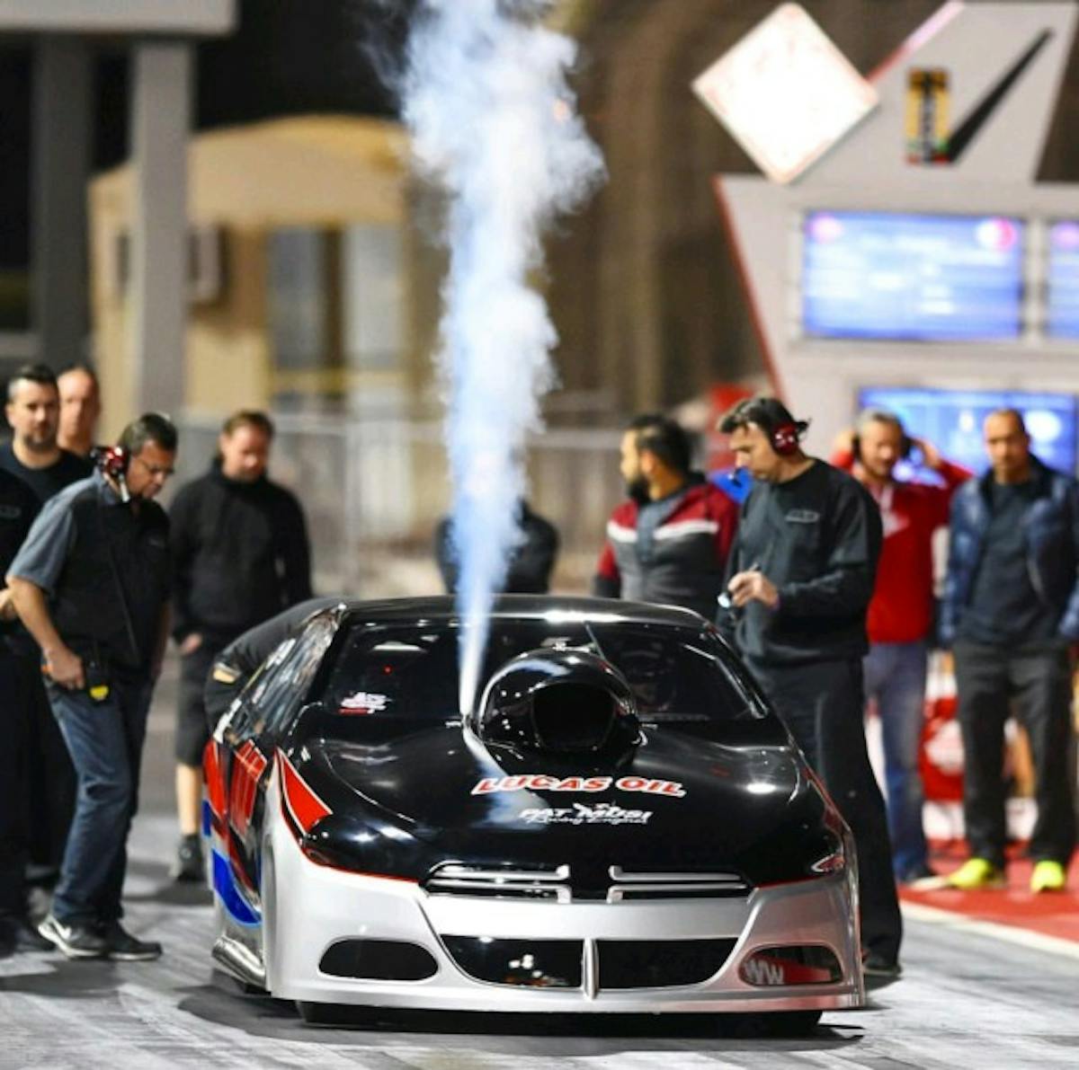 PDRA Pro Nitrous standout, Lizzy Musi, purging the nitrous systems out on her Dodge Dart Pro Modified car. Musi set her new personal best and the second quickest run in Pro Nitrous history during Round 2 of the Arabian Pro Series.