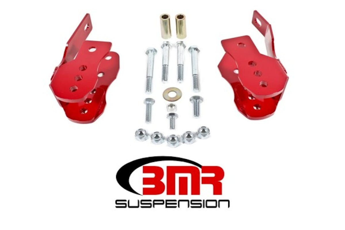 BMR Suspension's Lower Control Arm Relocation Brackets (CB005) allow you to run the rearend side of the lower control arms in either the factory position or three lower positions. This allows you to correct the lower control arm geometry for lowered Mustangs, or fine-tune the instant center location and anti squat percentage for perfect launches.