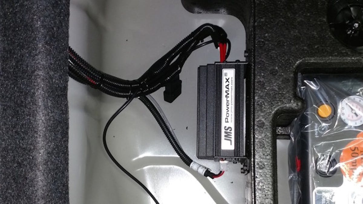 John knew that the factory fuel system would hit the wall well before this car reached its full potential. As such, he added a set of 95 lb/hr fuel injectors and supported those with a GT350-specific JMS FuelMax pump voltage booster (PN P2020PPS15; $599), which increases the output of the factory dual pumps by up to 85 percent and supports over 1,000 rear-wheel horsepower. John attached it to the factory tire-inflation kit so as not to blemish the GT350 chassis. (Photo Credit: Hellion)