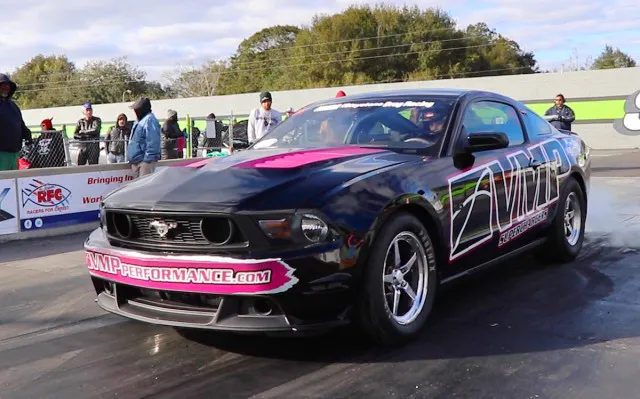 Rebecca Starkey staked her claim as the pilot of the quickest Coyote-powered ’Stang with a TVS supercharger in her 2011 Mustang GT, which is powered by a VMP Gen2R-supercharged Coyote burning E85. (Photo Credit: VMP Performance)