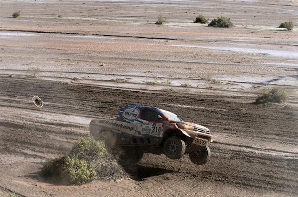 Erik Von Loon has putting the throttle down during the stage, though he trails behind the lead over five hours in his Toyota Hilux.