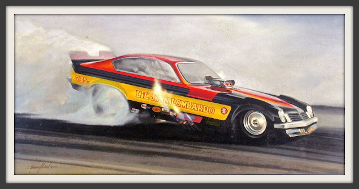 This never before published painting by Kenny Youngblood, depicts 70’s Funny Car star “Lil John” Lombardo, and his Vega Fuel Coupe. Painted in the mid seventies and during the era of long, smoky burnouts, it depicts the car in the late afternoon, with smoke starting to fill the cockpit, just before John steps off the gas.