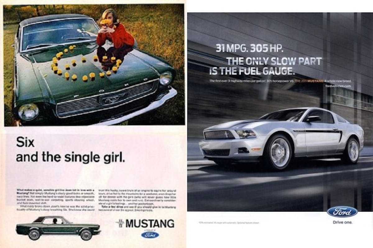 Times and ads changed, but the Mustang six-cylinder was a constant.