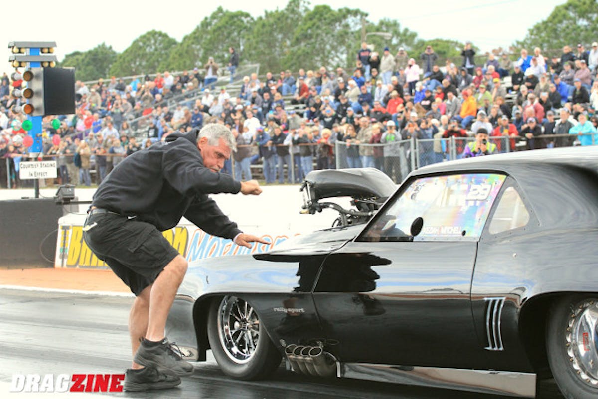 Hamptonville, North Carolina based racer Barry Mitchell put the Keziah/Mitchell 69 Camaro on top the pro Drag Radial field today with a 3.803 at 197.45 MPH. Barry's brother David Peters puts him in the beams in the round two session this afternoon.