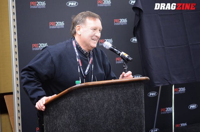 Morgan speaking at the American Drag Racing League press conference at the Perfomance Racing Industry show in December.