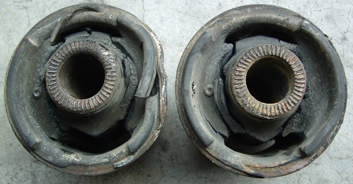These two bushings are from a  third-generation Lexus SC300, but they show what happens over time to rubber bushings. These ones have lasted 55,000 miles before being replaced.