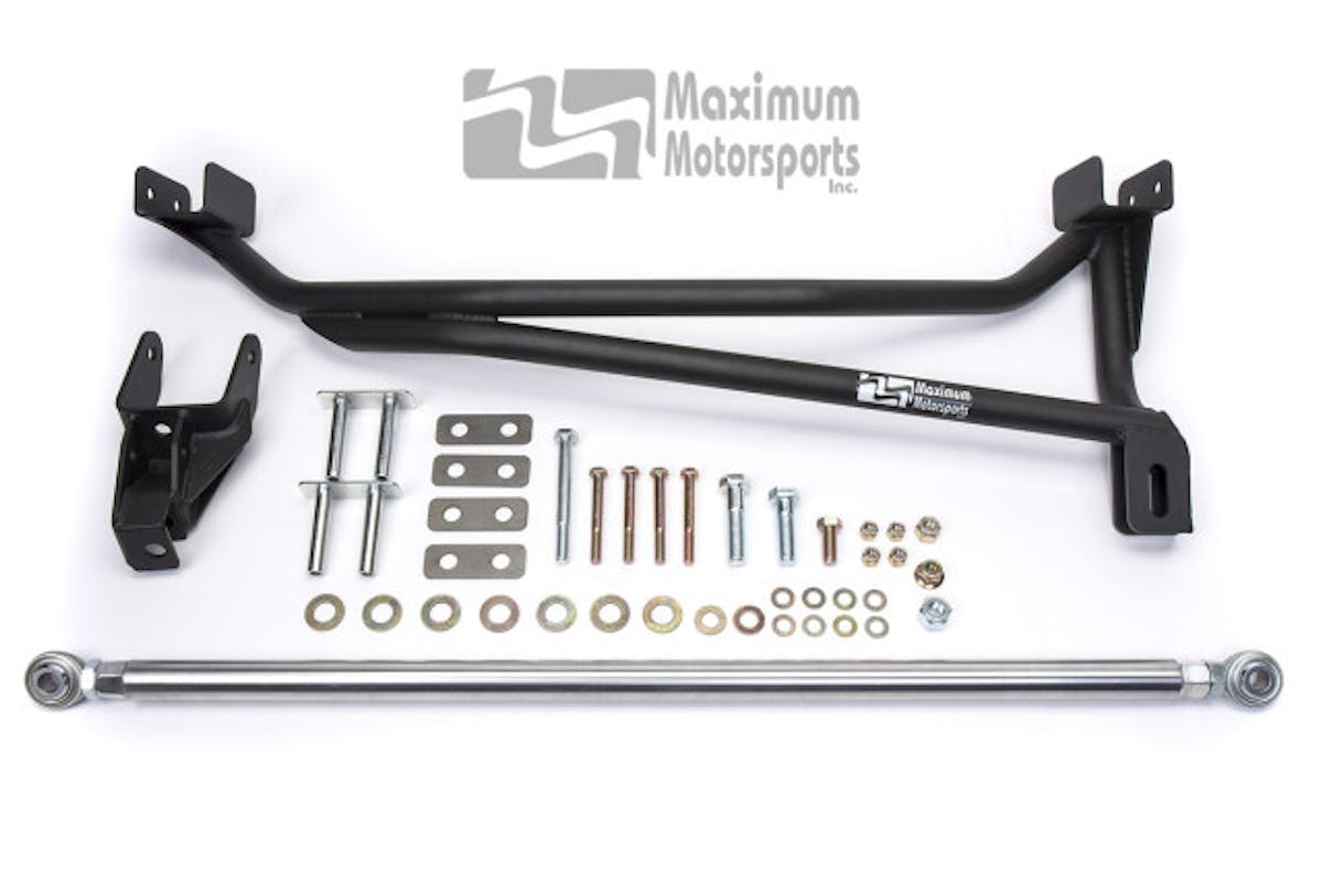 This is the Maximum Motorsports bolt-on Panhard bar, which can tame the axle of 1979-1998 and 1999-2004 with the factory four-link rear suspension. It comes in at under $400 and we can testify from personal experience what a big difference it makes on a Fox.