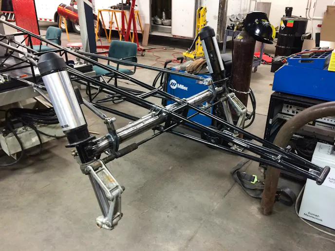 Anderson adapted a set of snowmobile struts to the front suspension. Steering is actuated through a Stiletto rack - the same type used in traditional drag racing.