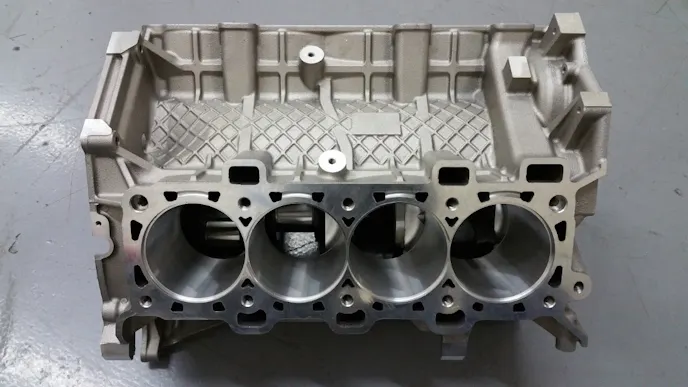 Massively thick bulkheads, decks and pan rails highlight the prototype Bear Block Motors new aluminum Coyote block. It is shown here without the replaceable cylinder sleeves installed. (Photo Credit: Bear Block Motors)