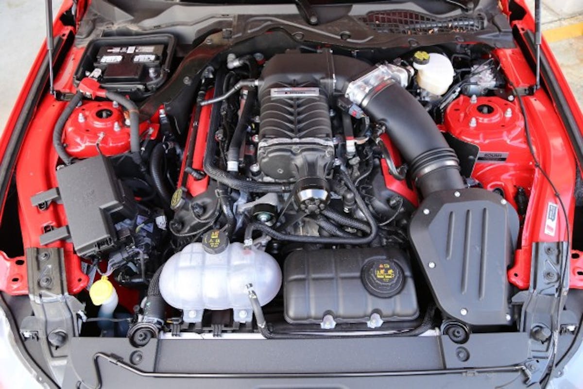 Thrust for the top Roush Mustang is courtesy a stock Coyote 5.0-liter engine that is boosted by a RoushCharger TVS supercharger based on Eaton’s proven 2.3-liter rotor pack. It delivers 670 horsepower and 545 lb-ft of torque at the flywheel.