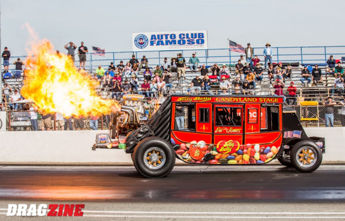 Ed the Outlaw Jones put on a spectacular show for the fans with his stage coach wheel stander