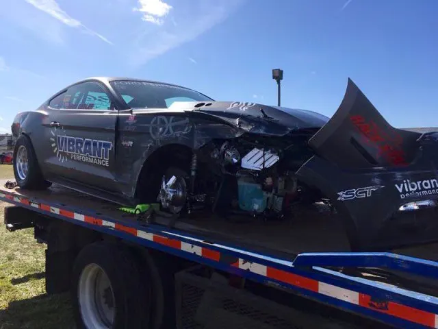 While running a much slower car in the EcoBoost Battle eliminations, the front of Brad’s Mustang went aloft and when it came back down hard, the rearend unloaded sending the car spinning into the wall. The damage to the front of the car is extensive. (Photo Credit: Watson Racing)