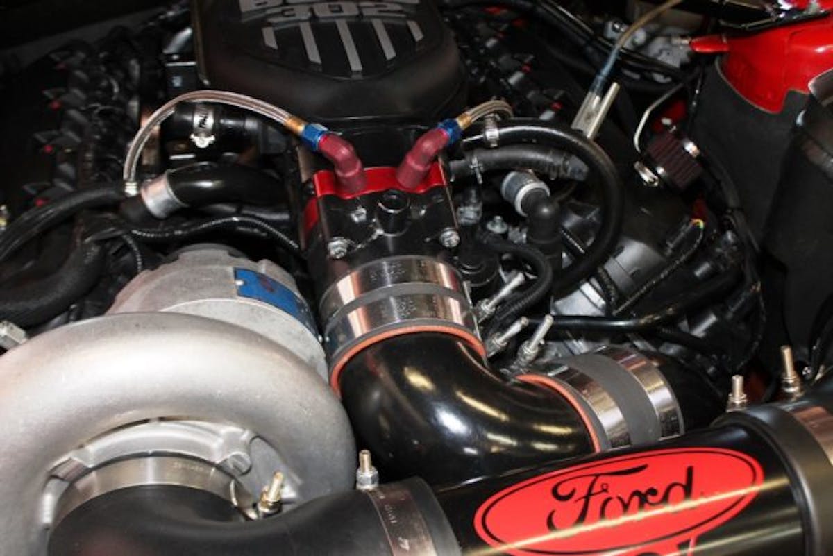 To test the benefits of water-meth injection on a boosted Coyote, Rob Williams Racing installed a Snow Performance system on this 2012 Mustang GT, which is powered by a Ford Performance Aluminator fitted with a Vortech Supercharger. (Photo Credit: Rob Williams Racing)