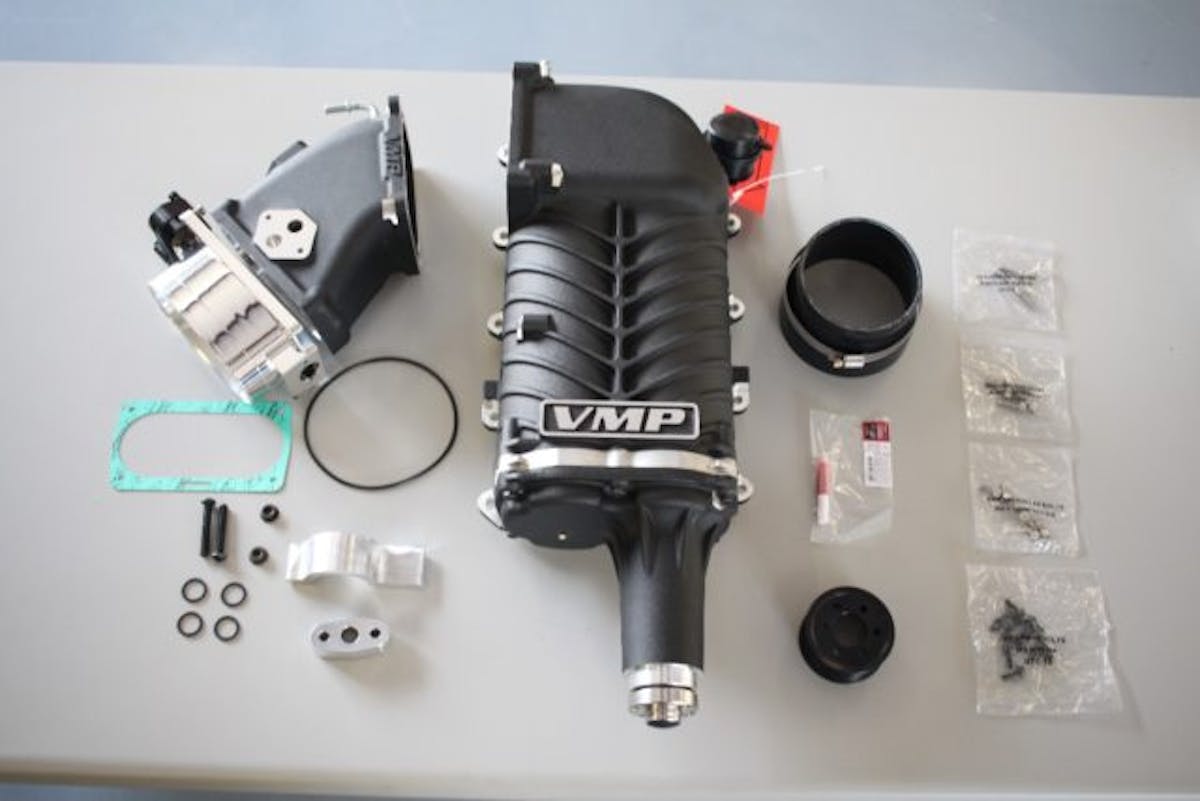 Built just for the Terminator, the VMP Gen2R supercharger features a one-piece housing with a high-flow inlet. It is a direct-replacement for the stock Eaton M112 blower and it will clear the factory hood. (Photo Credit: VMP Performance)