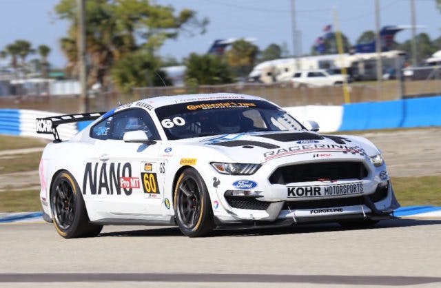 The Ford Performance Mustang GT4 scored its first win in the Continental Tire SportsCar Challenge GT class at the Visit Sebring 120 on Friday March 17, 2017 with car #60 taking the checkered flag.