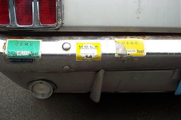 A nod to its past, Tom's Mustang still wears UCLA parking stickers from '75-'76.