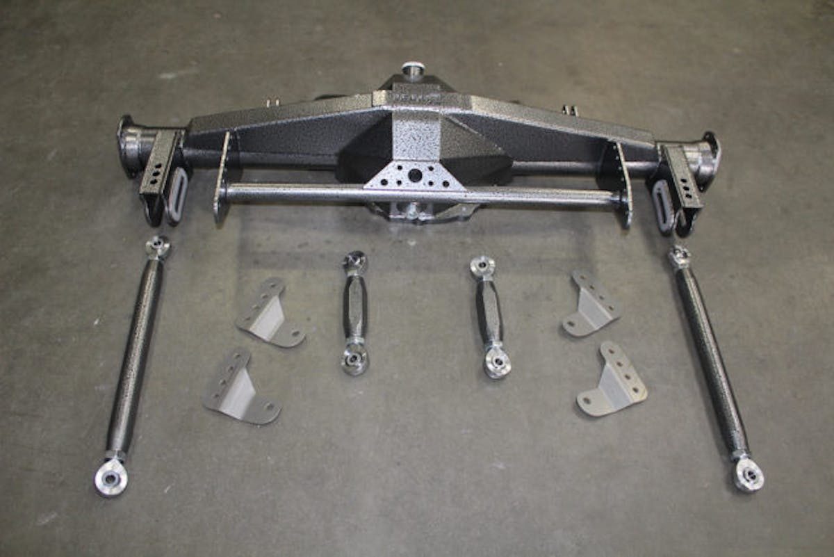 The complete Team Z Fab 9 housing assembly, including the upper and lower control arms and shock mount brackets. This is Team Z's all-out race offering and has been into the three-second zone on Brad Edwards's radial tire Mustang.