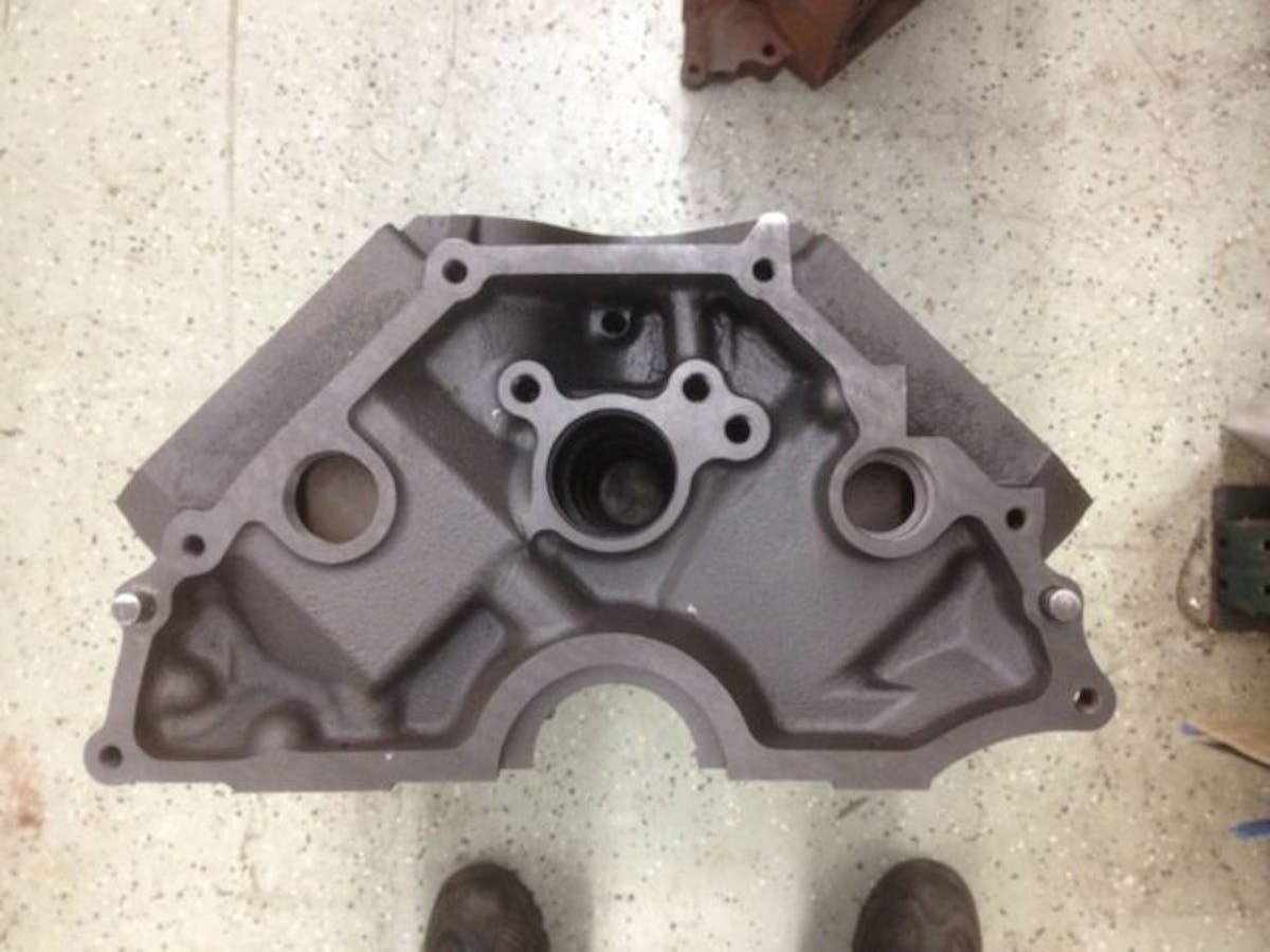 Rear face of the Track Boss CGI block shows its overall mass, especially around the cylinders. Priority main oiling is used.