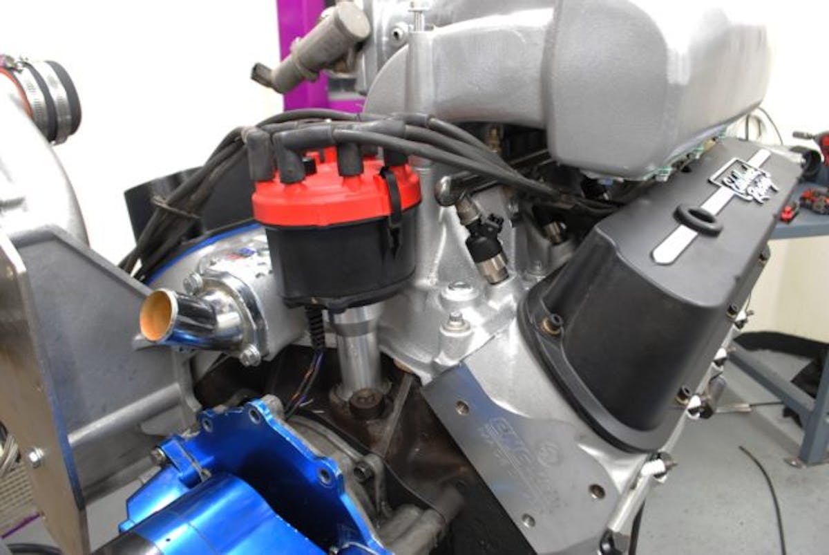 This MSD billet distributor and matching plug wires handled the ignition chores. Spark energy is doubly important on a supercharged application.