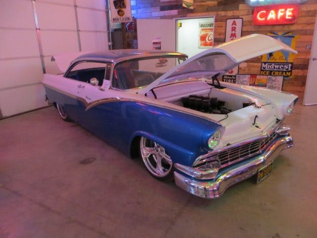 The Bishop-a '56 Ford Victoria, owned by Rusty Cook, proprietor of Cook's Garage, enjoys a prominent place inside the restaurant/bar.