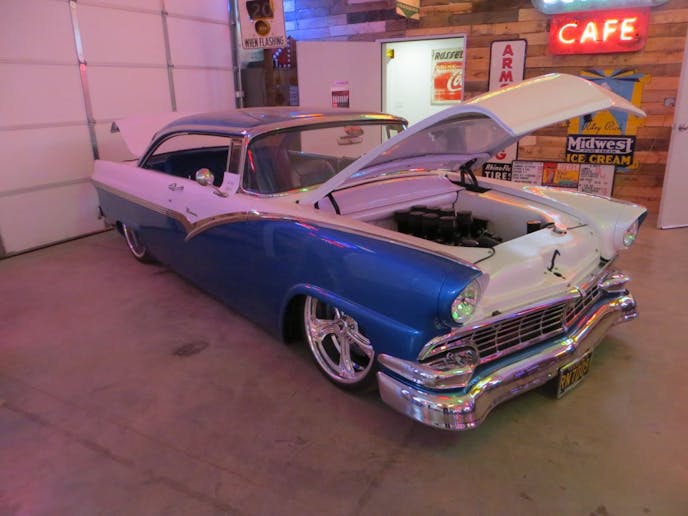 The Bishop-a '56 Ford Victoria, owned by Rusty Cook, proprietor of Cook's Garage, enjoys a prominent place inside the restaurant/bar.