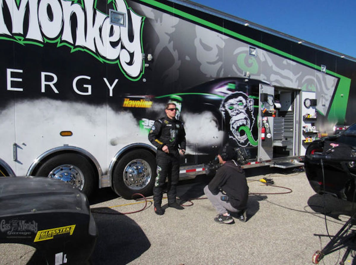 Laughlin working the cameras during his stint as the driver for Richard Rawlings and Gas Monkey Garage on Discovery Channels' Mega Race opposite of Street Outlaws' Justin "Big Chief" Shearer.