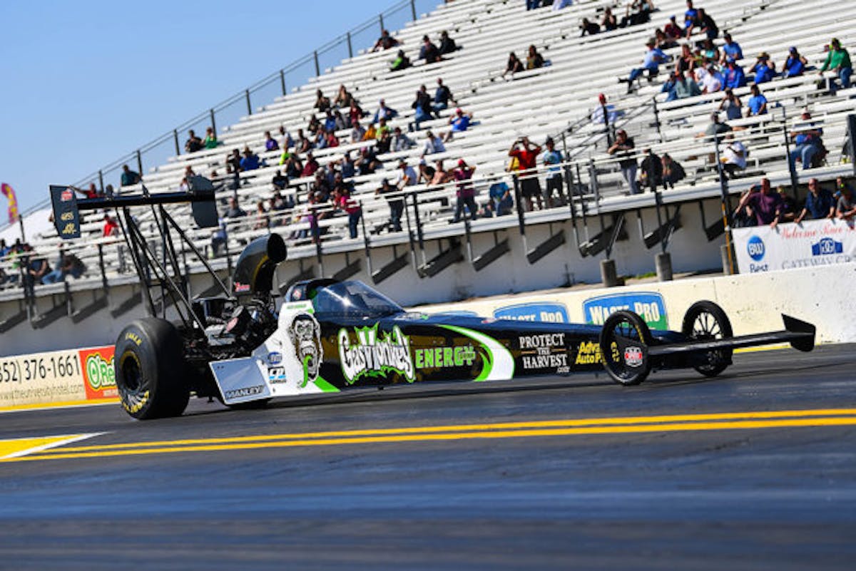 Laughlin behind the wheel of Anthony Dicero's A/Fuel Dragster at the Gatornationals. Laughlin is receiving support from Gas Monkey Energy Drink and Morgan Lucas Racing in his sportsman racing endeavors this season. Photo credit: Ron Lewis