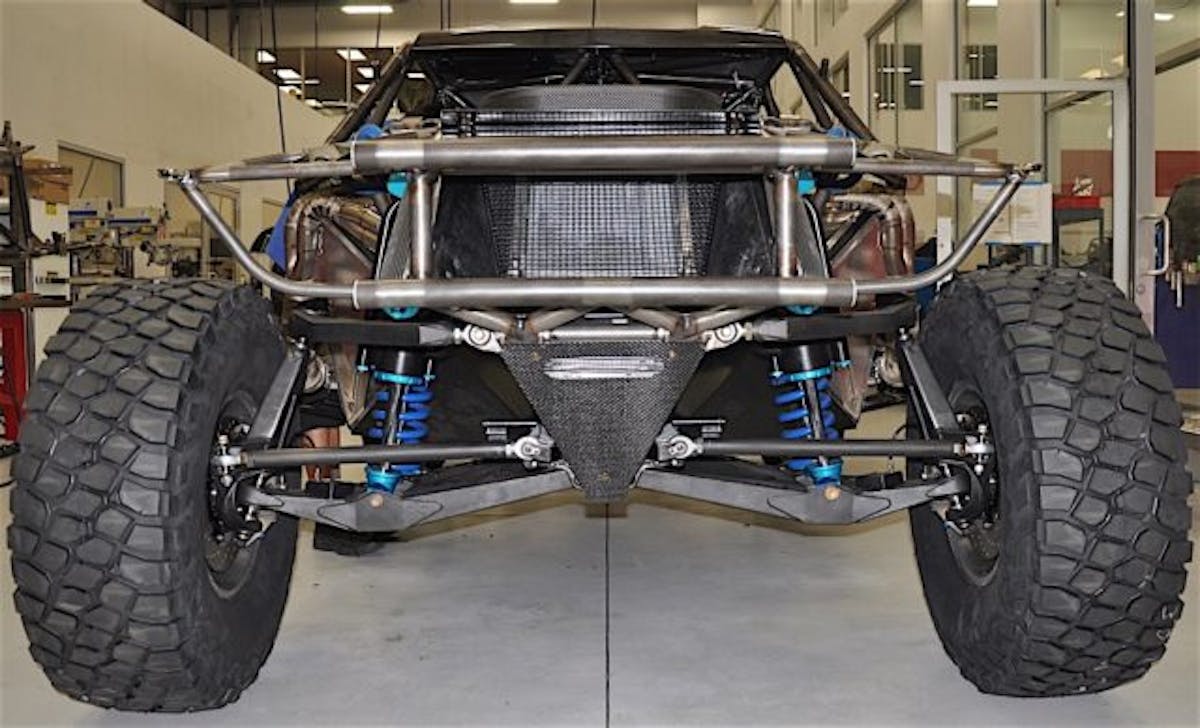 Peaking through the front of the Trophy Truck you can see the power steering cooler.