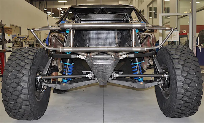 Peaking through the front of the Trophy Truck you can see the power steering cooler.