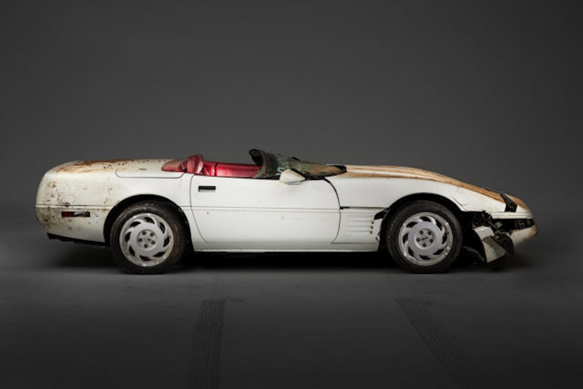 The 1 millionth Corvette produced – this white 1992 convertible – was damaged when it fell into a sinkhole that opened up beneath the National Corvette Museum, in Bowling Green, Ky., on Feb. 12, 2014. This image depicts the as-recovered state of the vehicle.