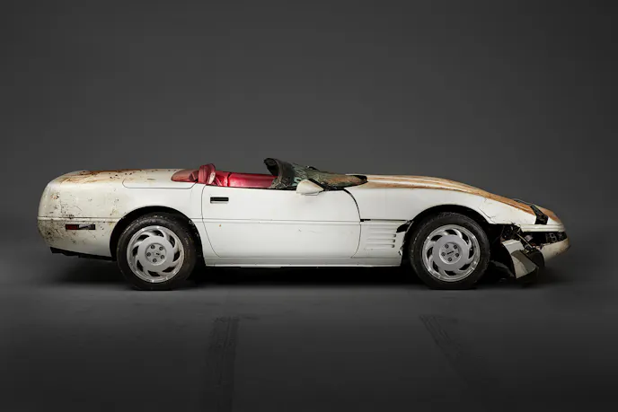 The 1 millionth Corvette produced – this white 1992 convertible – was damaged when it fell into a sinkhole that opened up beneath the National Corvette Museum, in Bowling Green, Ky., on Feb. 12, 2014. This image depicts the as-recovered state of the vehicle.