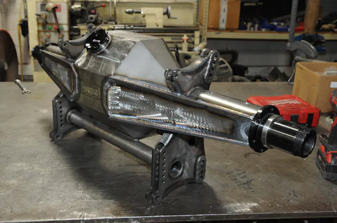 Here's a look at the trick rearend housing fabricated by Skinny Kid Race Cars for the build.