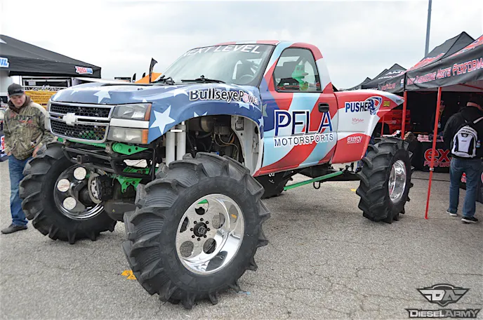 Adam estimates the LBZ Duramax makes between 900-1,000 horsepower, thanks to nitrous oxide injection, 100-percent-over injectors and 12mm stroker CP3 fuel pump, and last but not least, a Pusher Intakes compound turbo system.