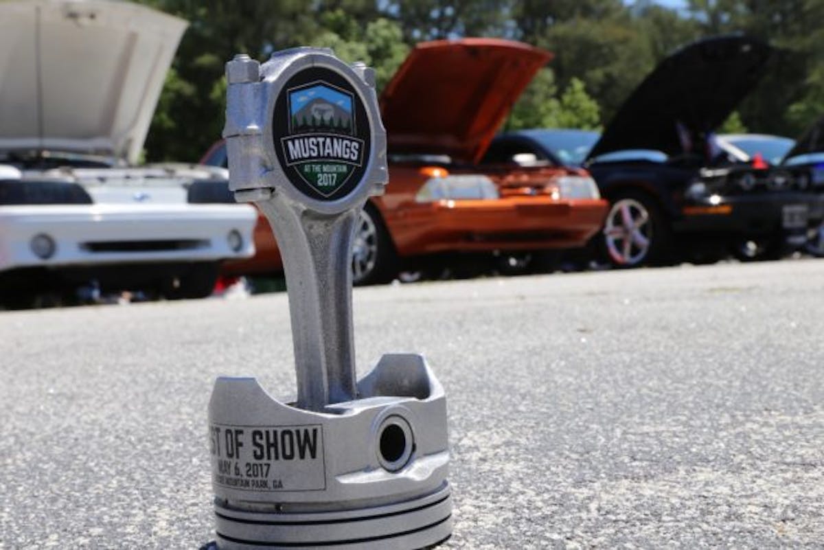 Torque Home Décor provided these sick rod-and-piston trophies for winners of the top prizes in each category at the Mustangs at the Mountain show