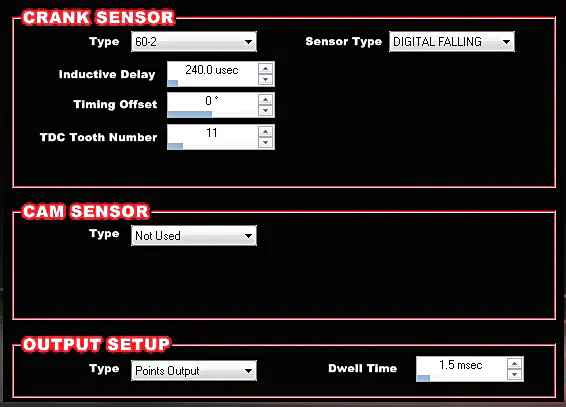 When using a crank sensor, you need to define its type as well as which tooth rests nearest the pickup with the engine at TDC. In addition, you need to provide specifics as to which type of cam sensor you have and how you’d like the ECU to trigger the ignition system.