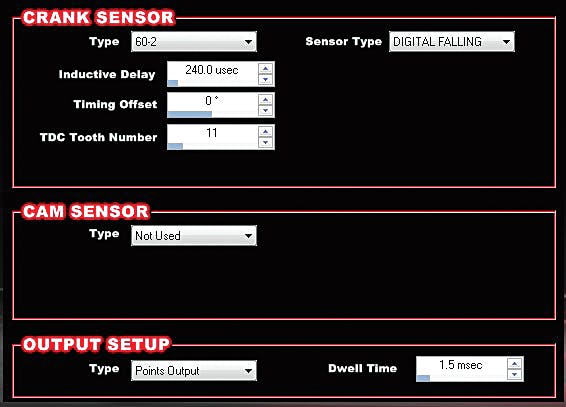 When using a crank sensor, you need to define its type as well as which tooth rests nearest the pickup with the engine at TDC. In addition, you need to provide specifics as to which type of cam sensor you have and how you’d like the ECU to trigger the ignition system.