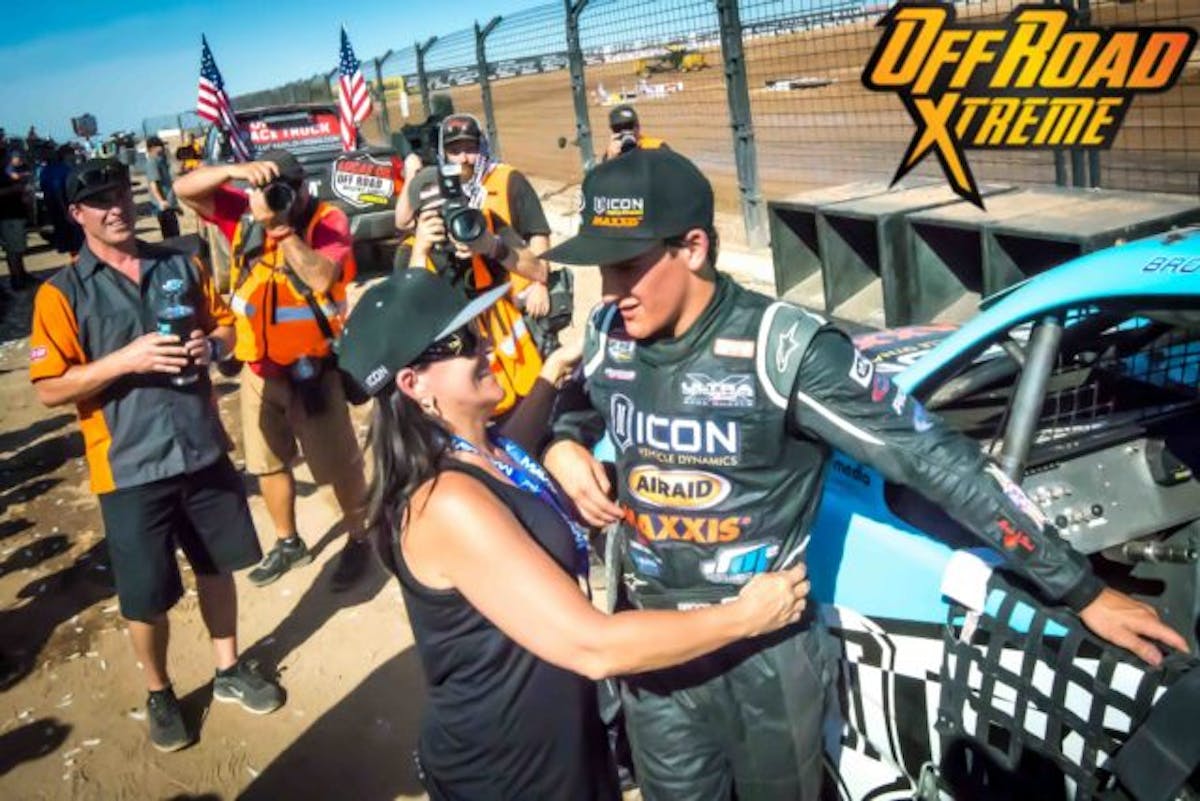 Brock Heger is congratulated by family after his first Prolite win.