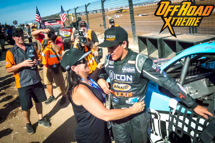 Brock Heger is congratulated by family after his first Prolite win.