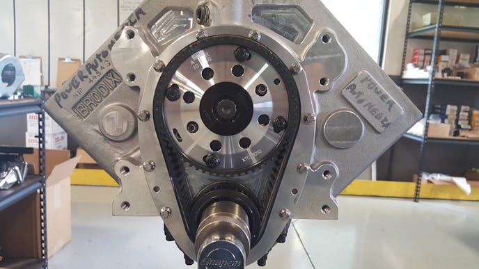 The SBC built by Steve Morris Racing Engines features the CV Products XTS Elite Timing Belt Drive System to connect the custom solid roller camshaft to the Bryant crank. The 427 cubic-inch small-block cranks out over 1,800hp with help from a Vortech V-24 XI supercharger.