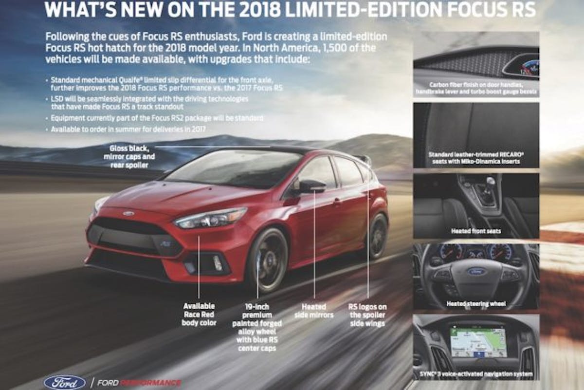 Some previously optional upgrades, like the RS2 package and the premium 19-inch wheels are standard on the 2018 Limited Edition Focus RS.