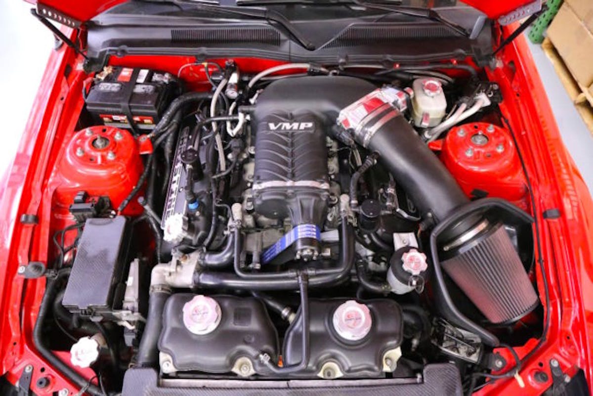 Here is Christine’s new heart transplant looking right at home under the VMP Gen2R TVS supercharger and its new custom coil covers. Though it looks stock, the revamped 5.4 is far better suited to support high power levels on a consistent basis.