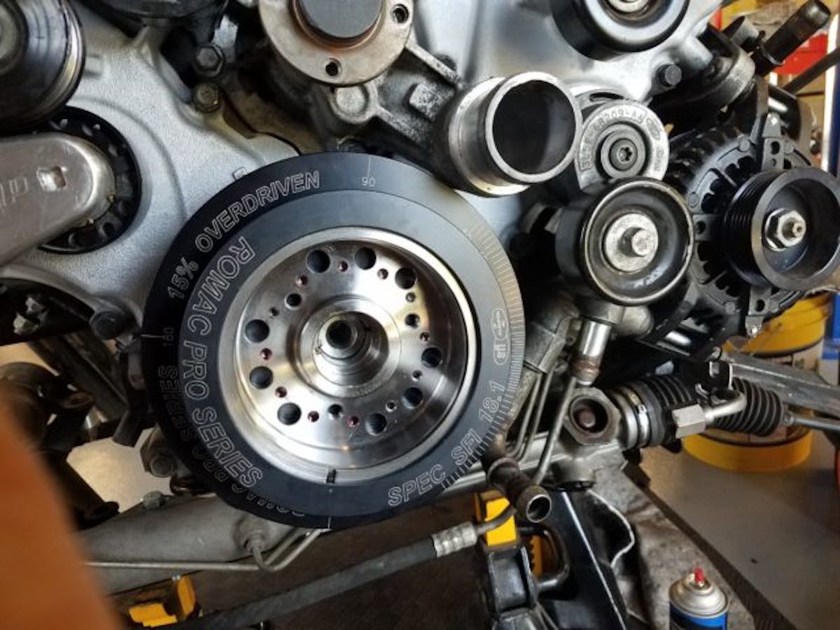 To stave off potential damper failures in the future, BJ opted for one of Romac’s Pro Series, 15-percent-overdriven crank dampers (PN A0348SA-15), which turns the blower faster and carries a racetrack-legal SFI 18.1 specification.