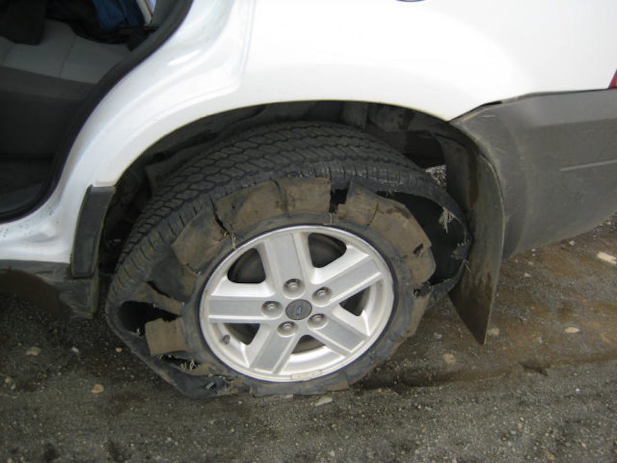 One cause for tire blowouts is heat buildup from underinflation. Underinflation causes much stress on areas of the tire not suited for it, and as a result, a blowout occurs. Photo: Flickr