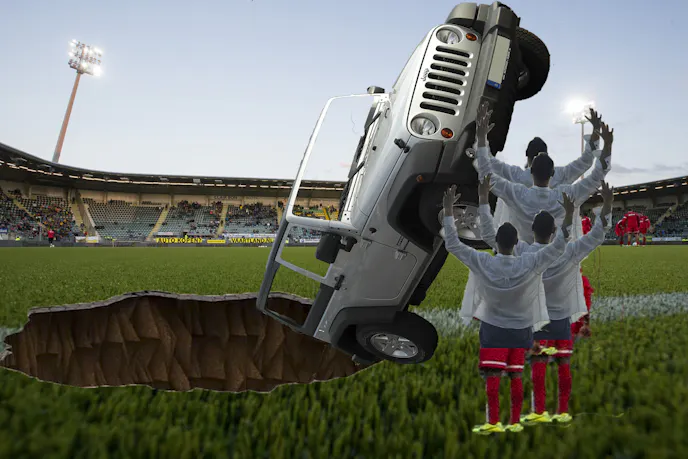 In another scenario, the men stand where the Jeep is landing and flip it onto its back, or into a hole, rendering it defeated.